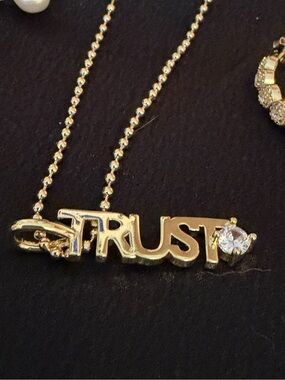 Gold Plated 'TRUST' Letter Pendant Necklace with Cubic Stone - Women's Jewelry